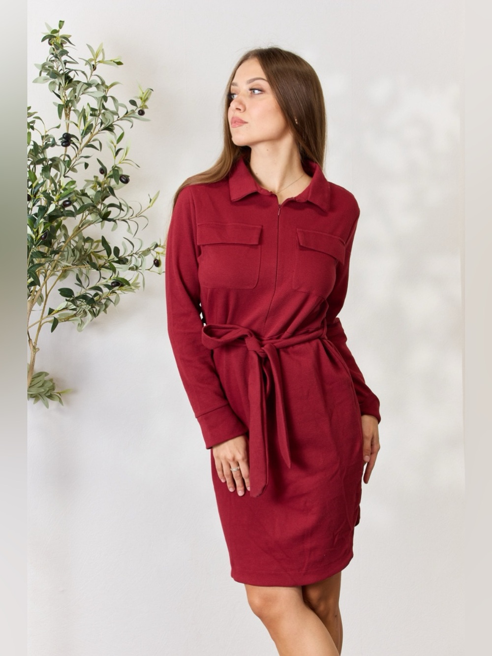 Culture Code Full Size Tie Front Half Zip Long Sleeve Shirt Dress - Picture 7 of 15